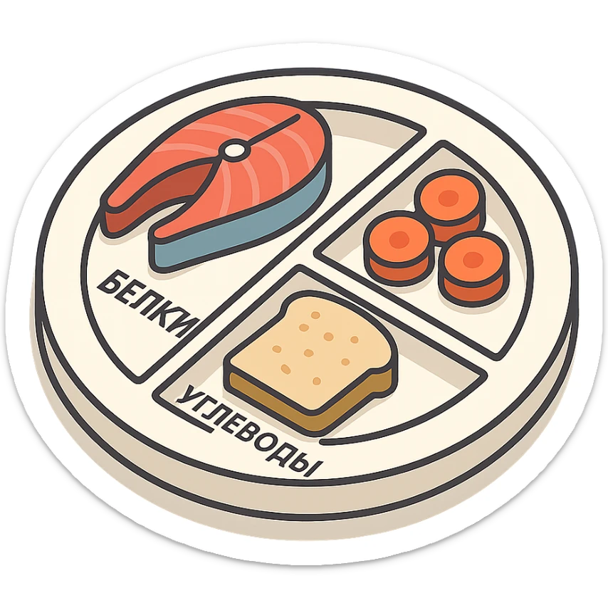 Гарвардская тарелка с тремя секциями, 2d-isometric стиль, с тенями и бликами, контурное изображение рыбы (белки), моркови (клетчатка), хлеба (углеводы), каждый раздел подписан по-русски: белки, углеводы, клетчатка, без руки, чистый фон sticker