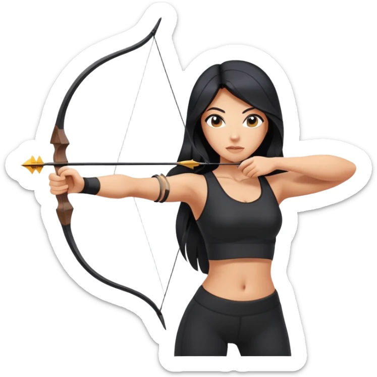 woman tanned long black hair, shooting bow and arrow , black yoga clothes sticker
