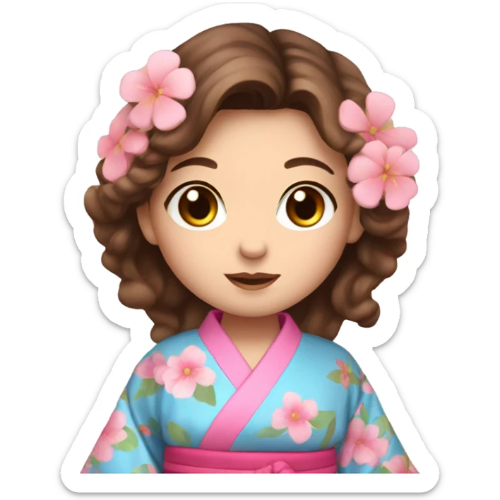 cute girl with BLUE eyes and brown hair in pink flower kimono sticker