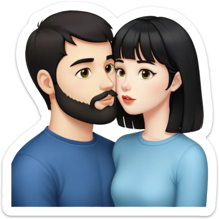 30-year-old guy with dark hair and short, dark beard kissing a 28-year-old cute girl with pale skin and black hair with bangs ￼ sticker