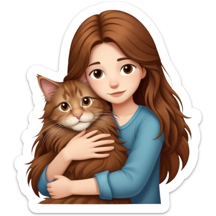 A girl with long  hair tightly hugged a Maine coon sticker