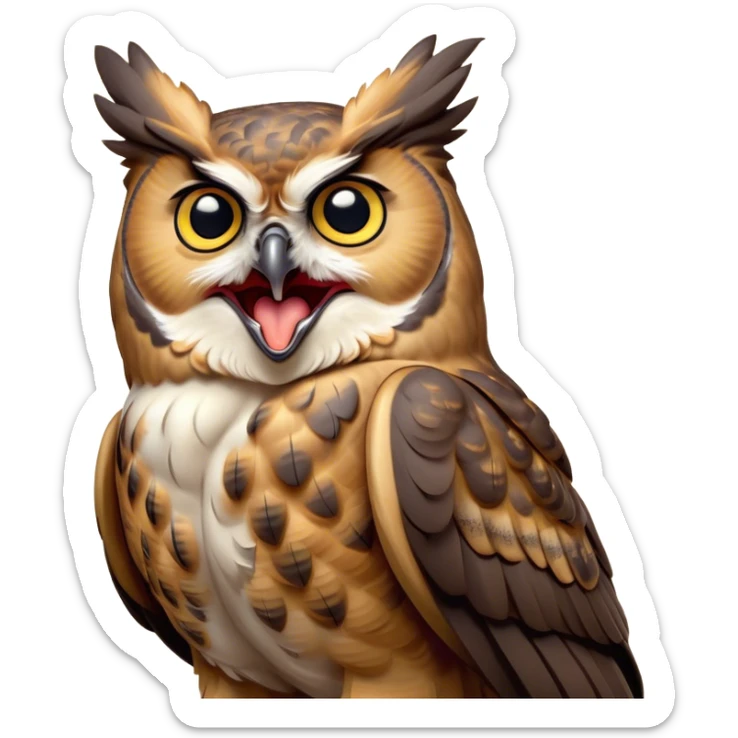Cinematic Cute Yawning Great Horned Owl Portrait Emoji, Head tilted slightly with a dramatic, wide-open yawn, showcasing a soft, downy mottled plumage with gently drooping feathers, round golden eyes barely open in drowsy contentment, Simplified yet irresistibly adorable features, highly detailed, glowing with a soft, cozy glow, high shine, relaxed yet expressive, stylized with a touch of nocturnal whimsy, bright and endearing, soft glowing outline, capturing the essence of a sleepy yet affectionate owl, so drowsy it feels like it could glide out of the screen and curl up for a nap! sticker