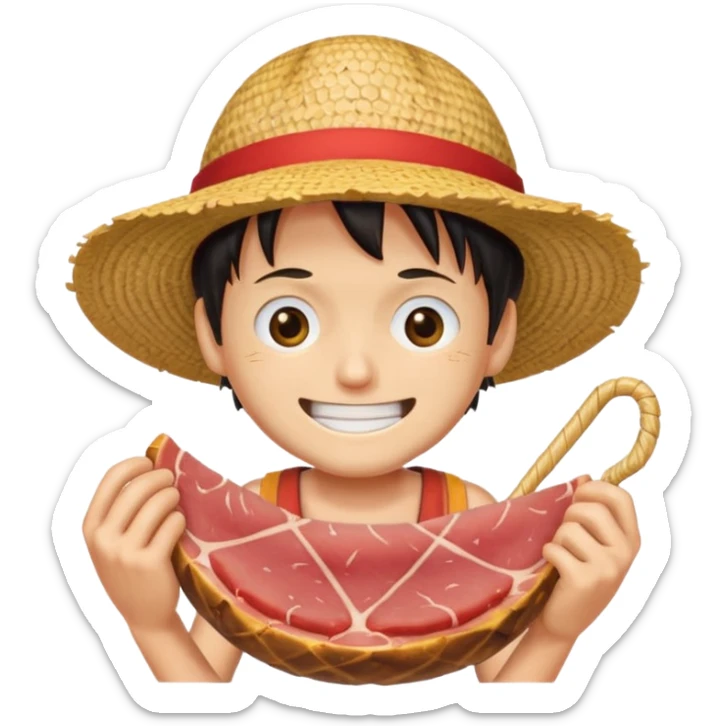 An emoji of luffy in a straw hat in one piece eating meat and laughing.  sticker