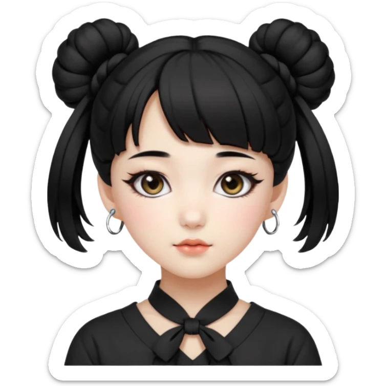 a beautiful girl face, wearing cute korean makeup, black hair, tied into two buns low near the ears with front bangs, kpop idol sticker