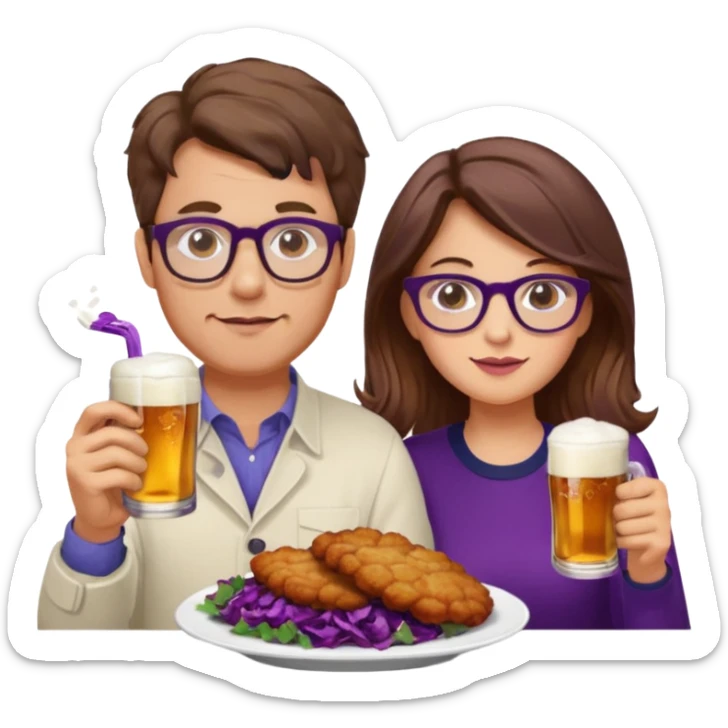 German man with glasses and brown hair and woman with glasses and brown hair eating schnitzel, red cabbage, potatoes, and drinking a beer sticker