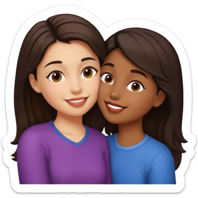 A girl kisses her friend The girls' hair color is dark brown. With wheatish skin  sticker