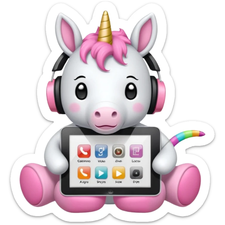 Emoji WhatsApp di un unicorno di peluche bianco con corno rosa, cuffie nere e e-reader. Stile vettoriale pulito, forme arrotondate, colori morbidi, espressione dolce, sfondo trasparente. sticker