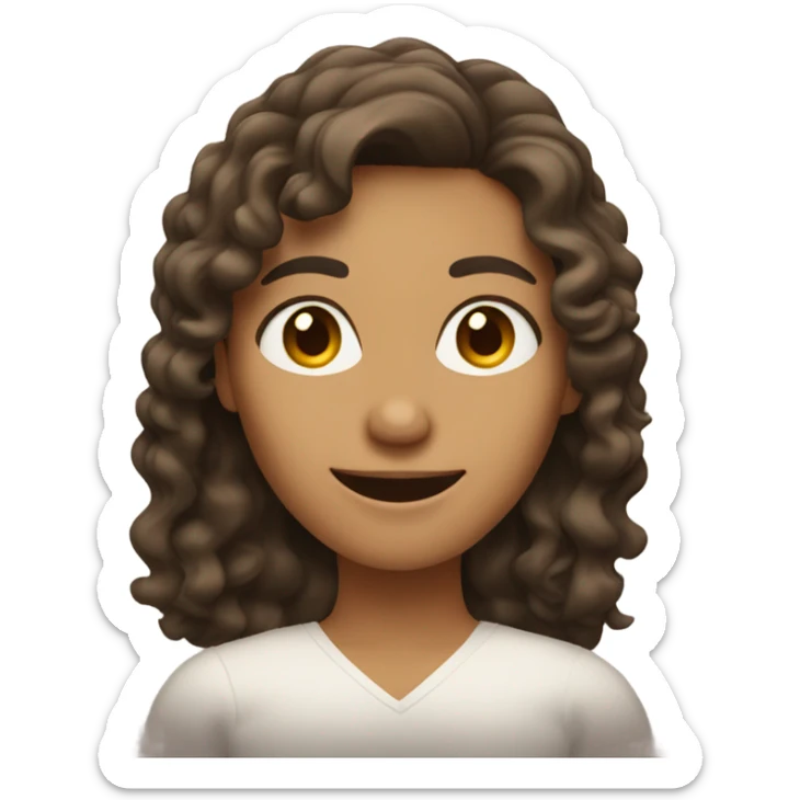 a woman with wavy hair and brown eyes with a thumbs up sticker
