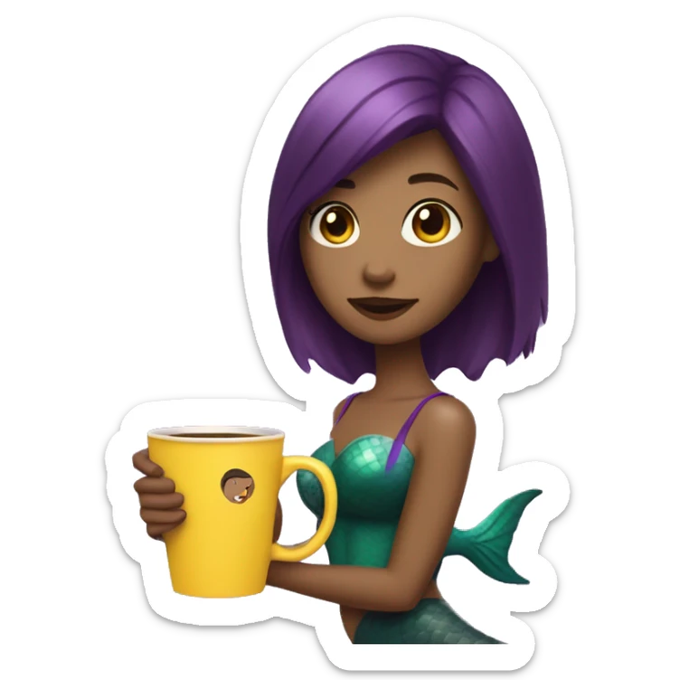 mermaid with a purple tail and a short bob haircut, brown hair, holding a cup of coffee in a yellow package sticker