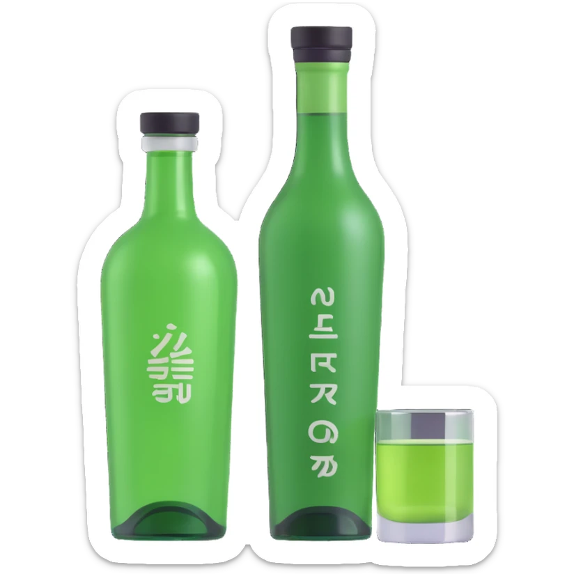 apple style 3D emoji of a green soju bottle and a small glass, with a glossy finish sticker