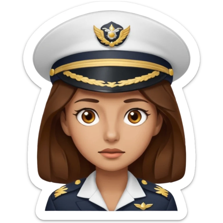 woman with brown hair and brown eyes.  space ship captain with white hat sticker