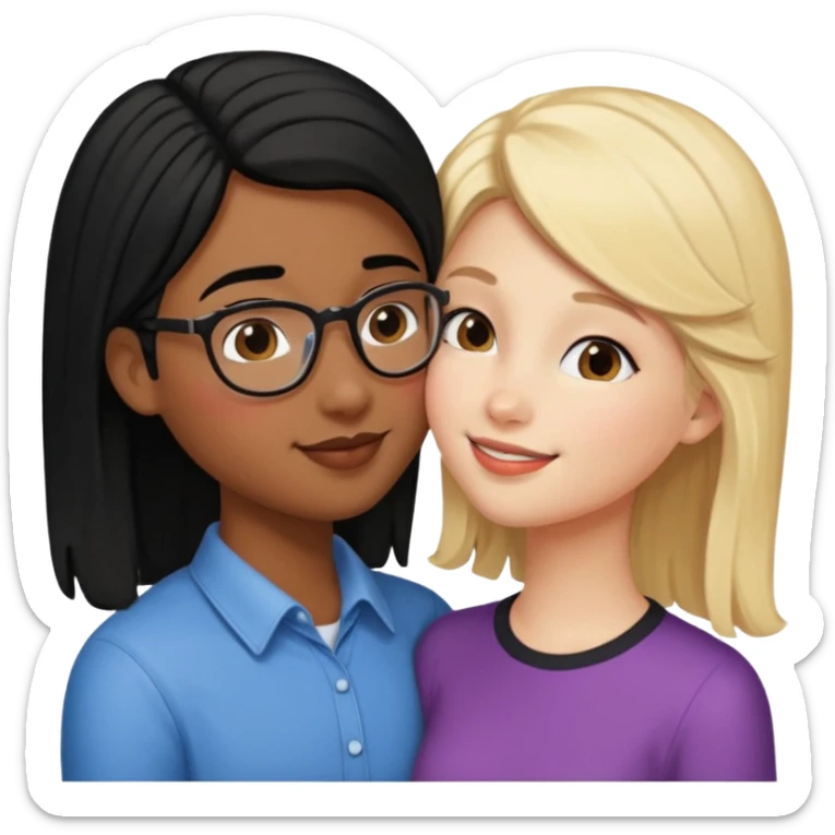 pretty blonde girl barbie kissing nerd with black hair and brown skin on the cheek sticker