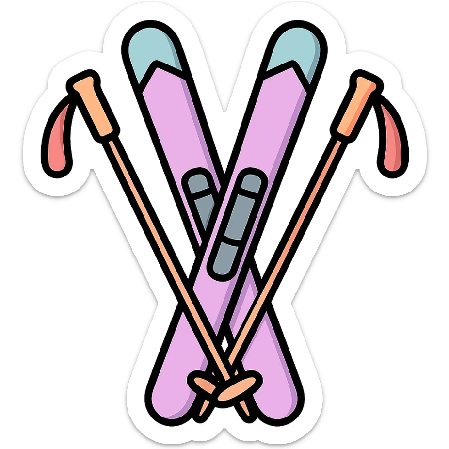 cross-country skis standing with poles crossed in front, icon-color-outlined style, detailed shading, thin clean outlines, soft rounded features, pastel palette #98B5BC #B5B3C1 #C9A3C9 #E4C0CA #F7DCD1 #F7C0AA, Japanese pop art, sticker look, highly detailed, vector clarity, soft lighting, subtle shadows, transparent background sticker