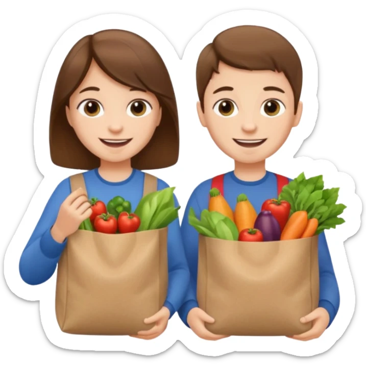 caucasian kids putting groceries in bags smiling brown hair sticker