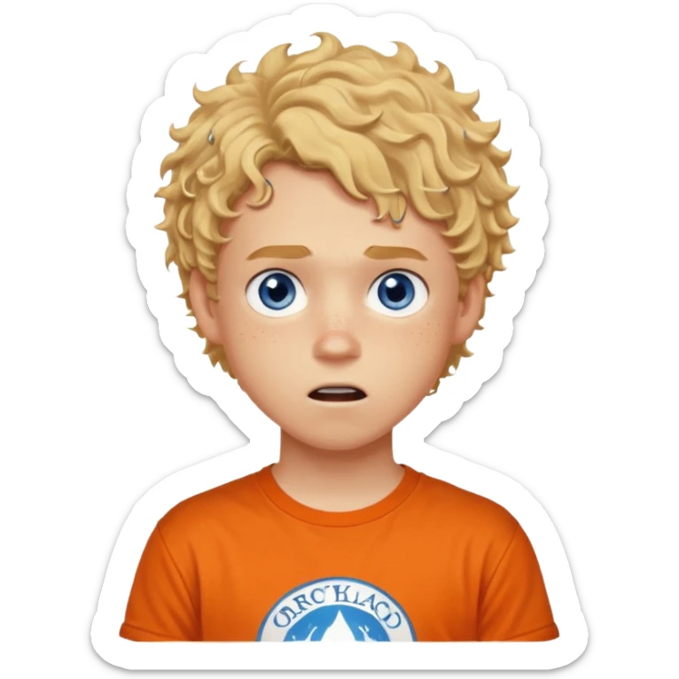 teenage boy with curly blond hair and blue eyes with freckles wearing an orange “Camp Halfblood” tshirt with the official percy jackson camp halfblood logo on it have hime doing a shocked face sticker