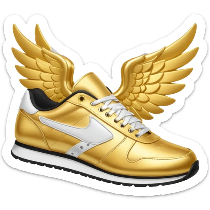 Gold low top track shoe with white wings coming off back of shoe sticker