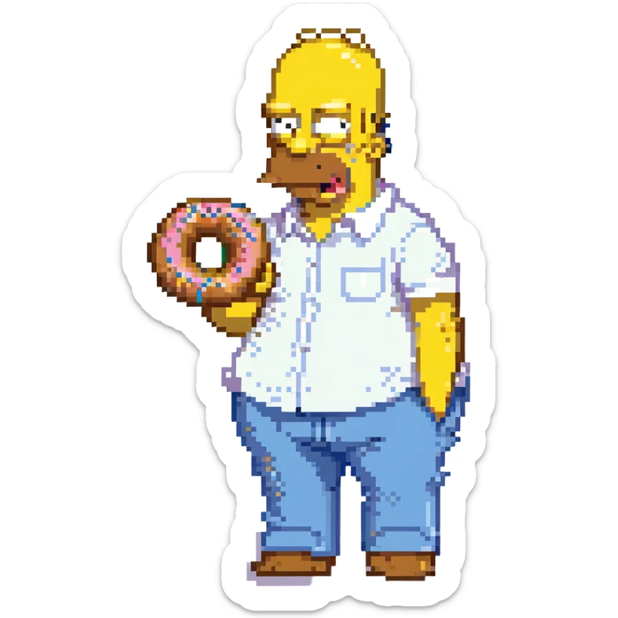 Homer Simpson pixel art style, yellow skin, bald, white shirt, blue pants, eating a donut sticker