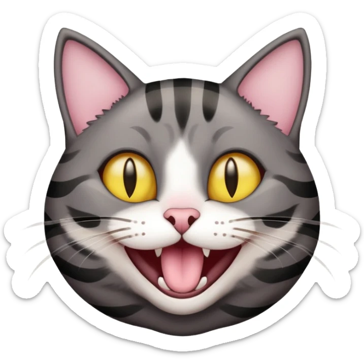 Head of a dark gray-brown striped cat with dark yellow eyes, eyes circled in black, nose light pink, cat laughing  sticker