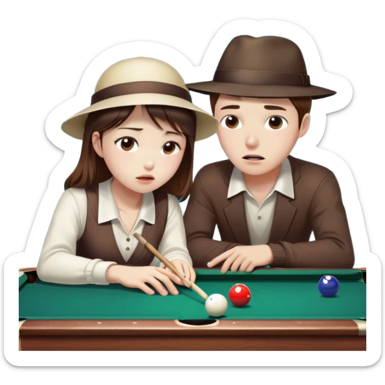 Chinese Girl without glasses and young white man with a hat and glasses brown hair playing table pool, the white man is crying because he lost  sticker