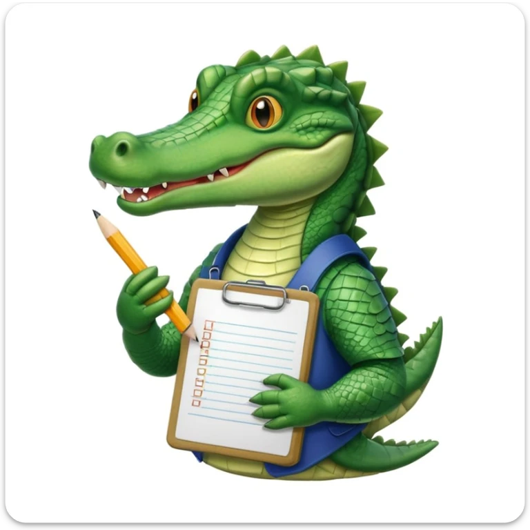 A 1980s style image of a gator with a clipboard and a pencil, offwhite background sticker
