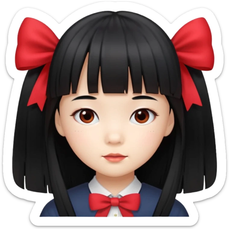 Asian little girl student with long straight black hair, bangs, red bow sticker