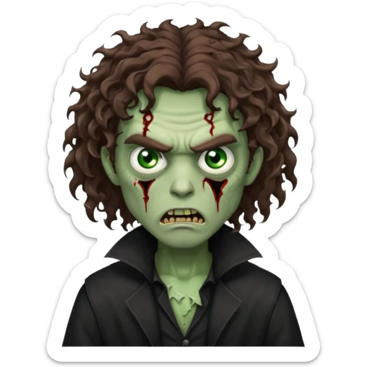 long curly haired male zombie with brown hair color and green eye color, with dark vampire clothes and angry face emotion sticker