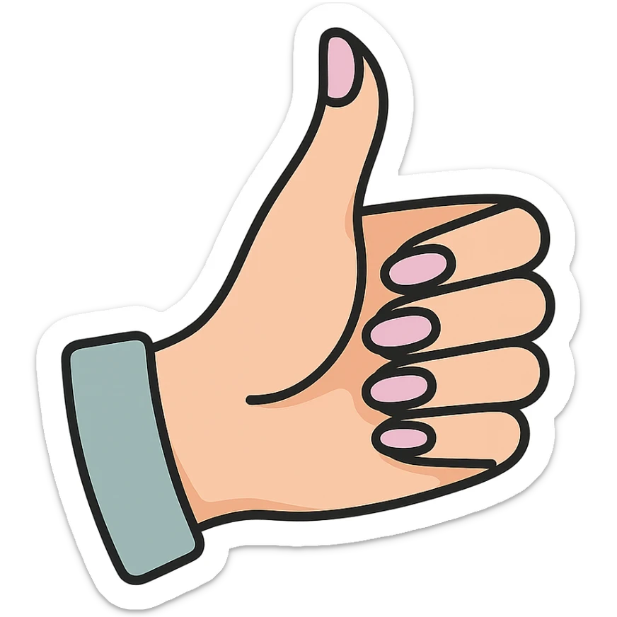 thumbs up, side view of elegant female hand with manicure, icon-color-outlined style, thin clean contours, graceful soft rounded shapes, pastel palette #98B5BC, #B5B3C1, #C9A3C9, #E4C0CA, #F7DCD1, #F7C0AA, detailed shadows and highlights, soft lighting, no background sticker