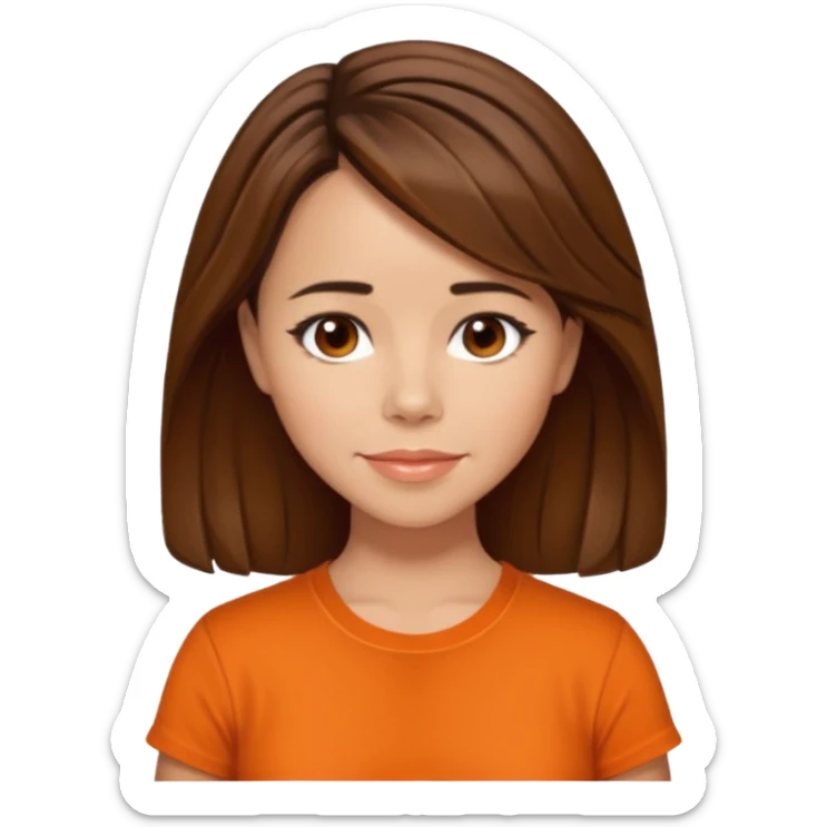Linda Cardellni with brown hair, orange shirt sticker