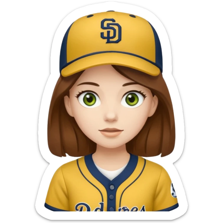 pale girl with brown hair and green eyes in a san diego padres brown and yellow baseball uniform  sticker