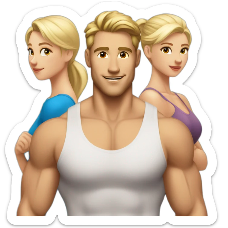 A skinny muscular white and blonde men in his 20 with two beautiful blonde girls looking an him from the side. sticker