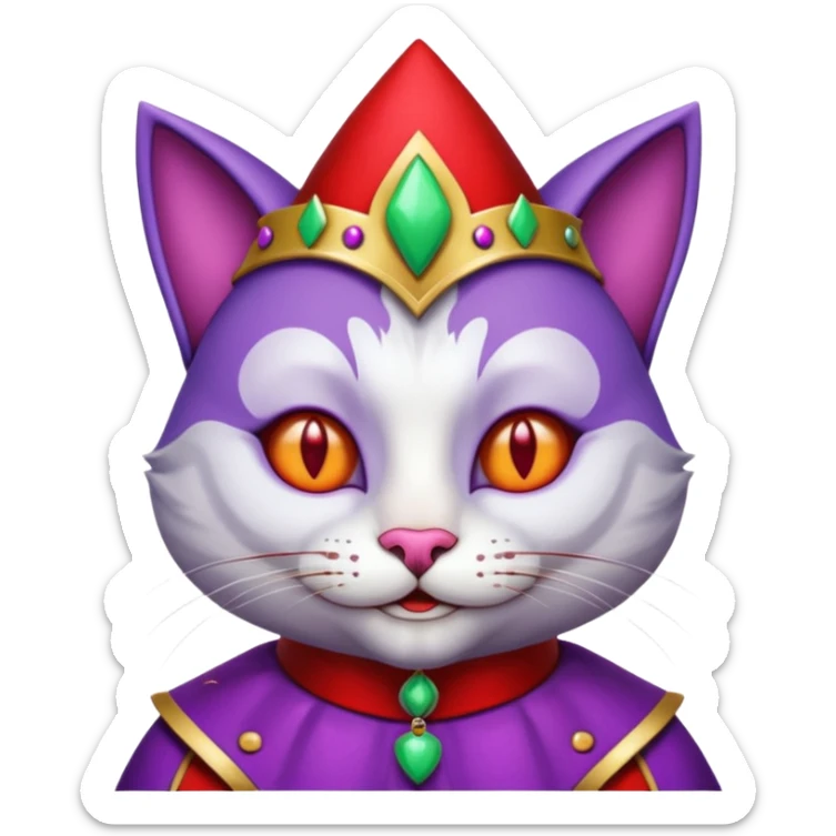 crazy colorful cute little cat jolly joker from poker, medieval, vintage, court jester, mac os icon, purple and red color, chromed inserts, half body sticker