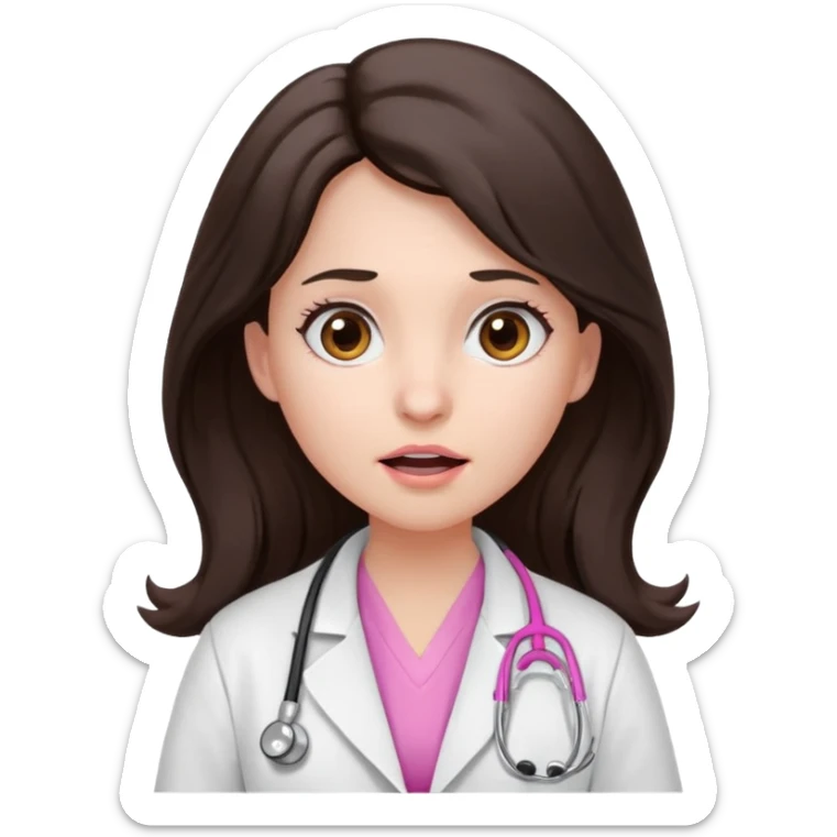 Barbie like emoji of a woman with white skin long wavy dark brown hair, brown eyes wearing a white lab coat and pink stethoscope and with a scared look sticker