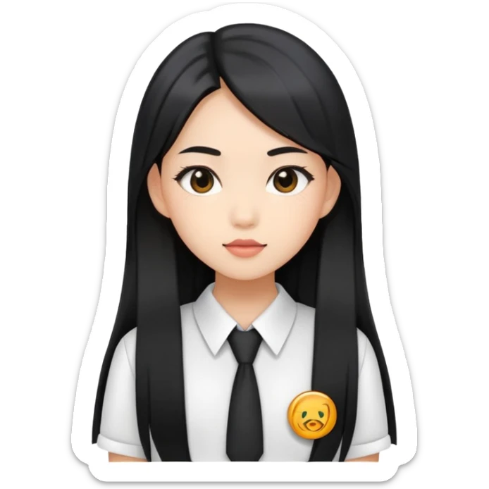 trendy schoolgirl with Asian skin, straight black long hair, chic uniform sticker