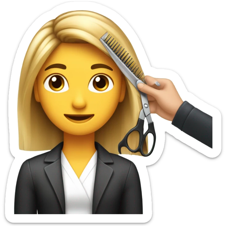 “Create an emoji depicting a hairdresser styling a client’s hair. The hairdresser is holding scissors or a comb, and the client is sitting on a chair. Include details such as the client’s hair and professional tools in the hairdresser’s hands.” sticker