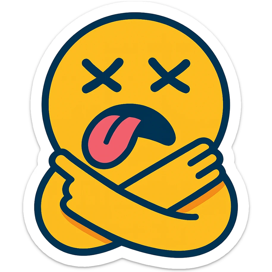 yellow emoji with arms crossed, holding neck, closed eyes, tongue out sticker