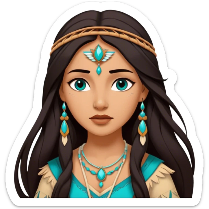 Cinematic Realistic Elegant Pocahontas Portrait, depicted with sun-kissed, warm skin rendered in lifelike detail and soft, natural lighting that accentuates its gentle glow. Her long, flowing dark hair is intricately detailed with natural movement, and her wise, expressive eyes shine with a deep, serene intensity. She is dressed in traditional attire with rich earthy tones and subtle turquoise accents, each fabric fold and texture rendered authentically. The portrait exudes a natural radiance that captures the timeless, indigenous beauty of Pocahontas with depth and authenticity. sticker
