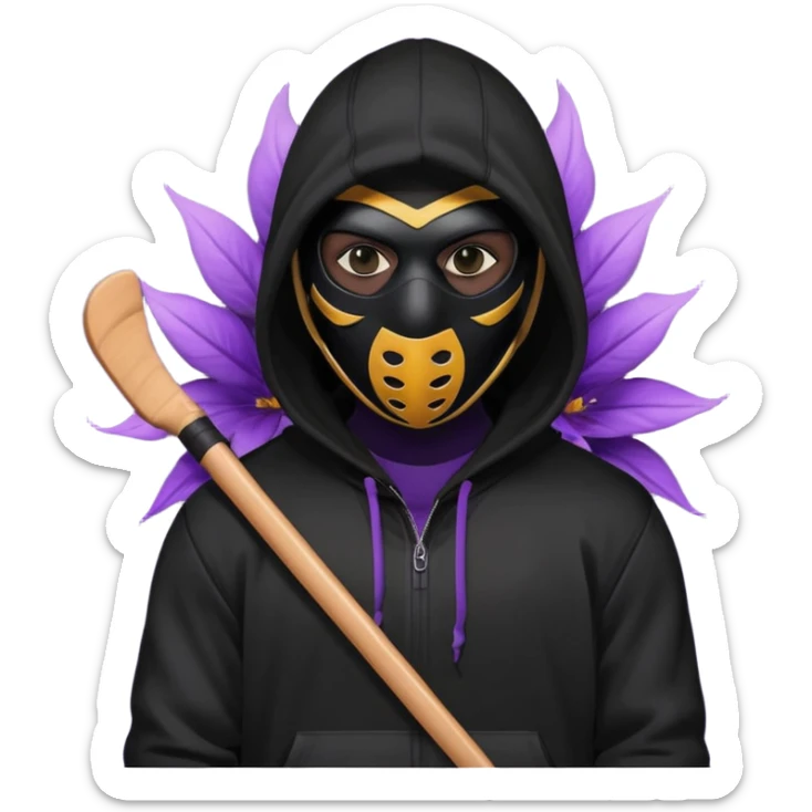 non human male cartoon character related to a shadow, all black skin, with all black clothes, focusing a black hoodie, and a black hockey mask covering his entire face, just his purple shadow eyes making a light bloom, no background sticker