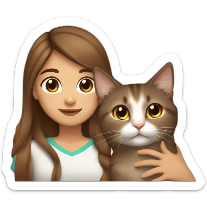 Light skin kabyle girl with long straight brown hair and eyes petting a fluffy brown cat sticker