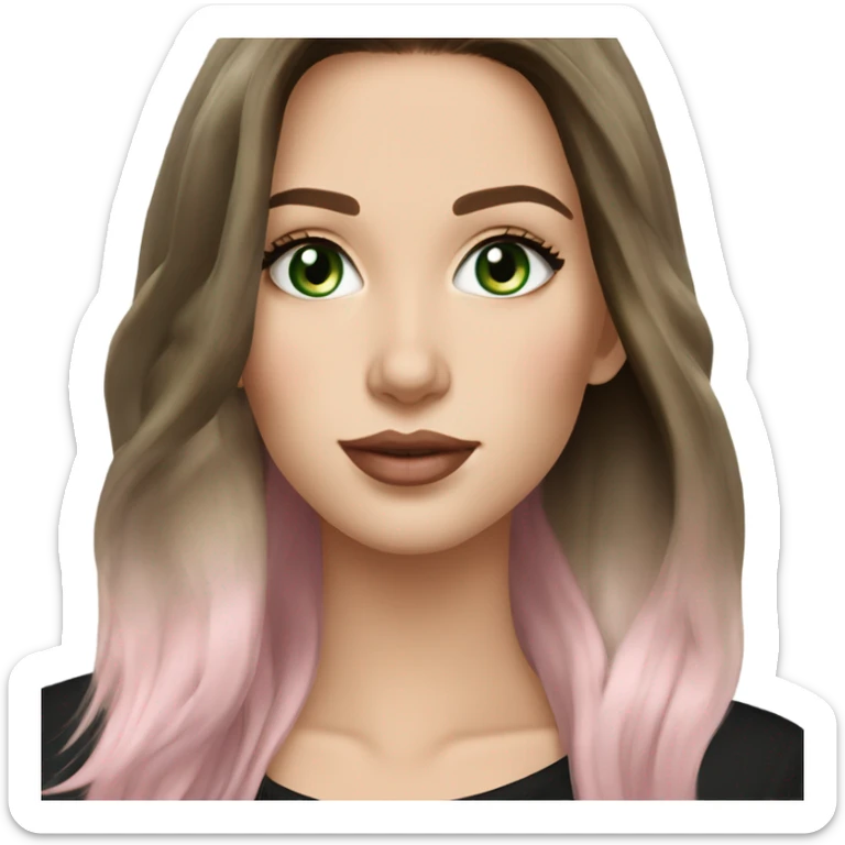 Brunette balayage long hair white woman green eyes black sweater with light pink lips no green hair  sticker