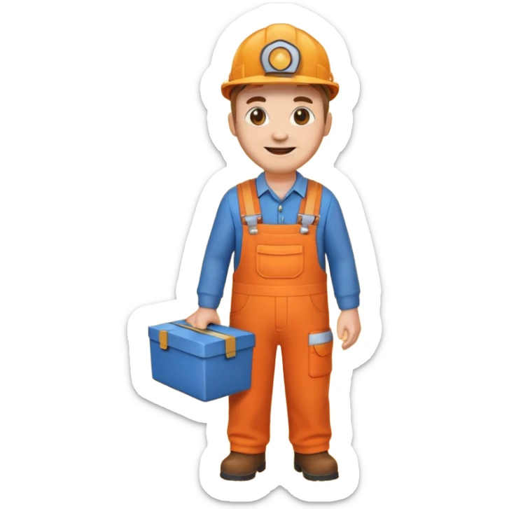 emoji style railway engineer full body in orange overalls, holding a box in front of their chest sticker