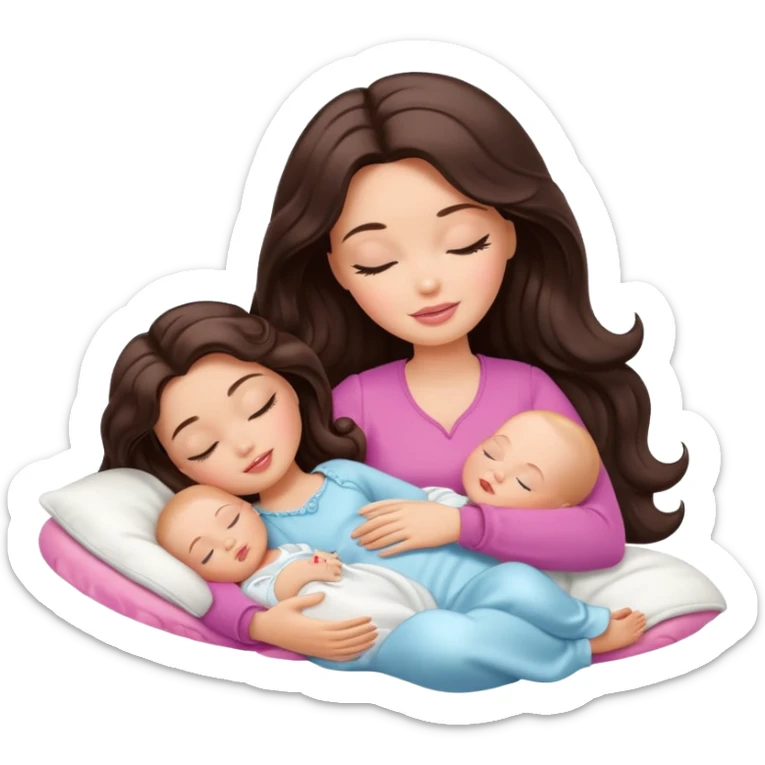 White Barbie girl dark brown long wavy hair sleeping with white baby at cream bed sticker