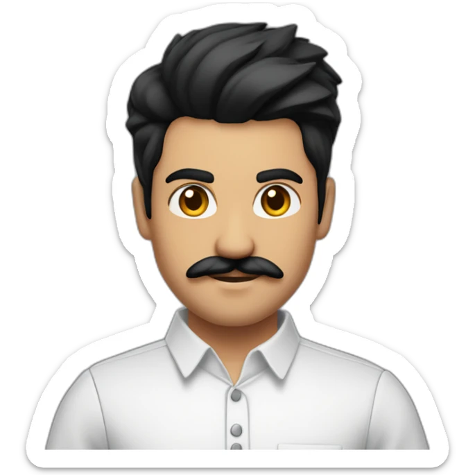 close up of white skin indian in plain white shirt with sleeve up and quiff black hair style and mustach sticker