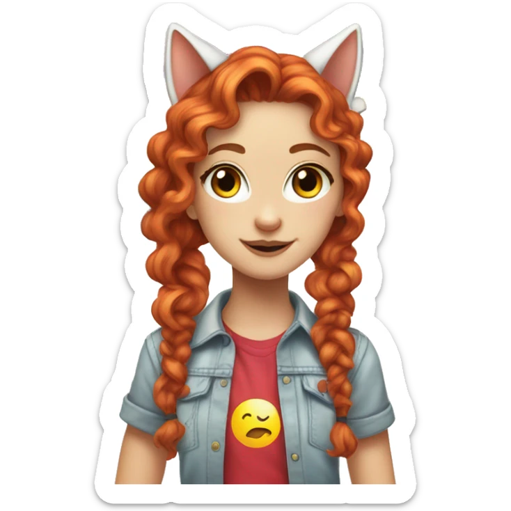 a white girl with long red curly hair in a pony tail with rainbow shirt does peace sign wearing cat ears one black other white sticker