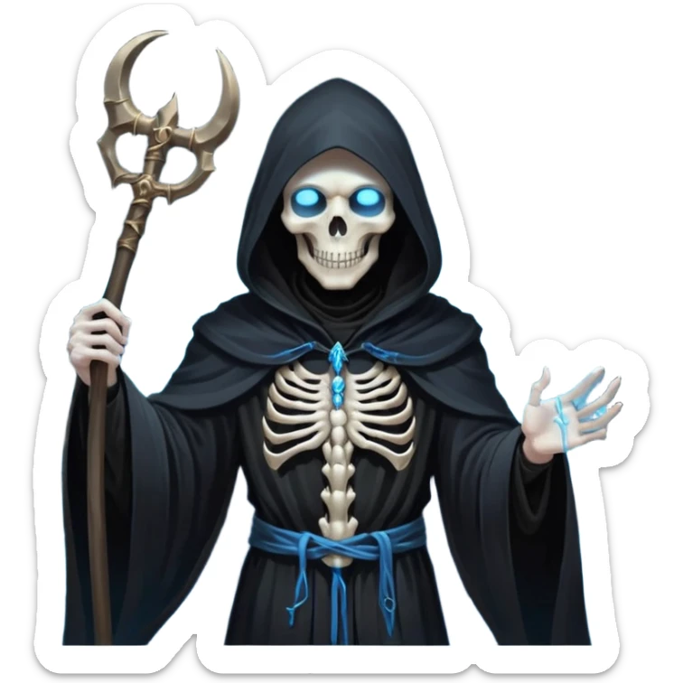 portrait of a god of death in black robes, skeletal hands, glowing blue eyes under a shadowed hood, scythe in hand, floating slightly above the ground, surrounded by spirits sticker
