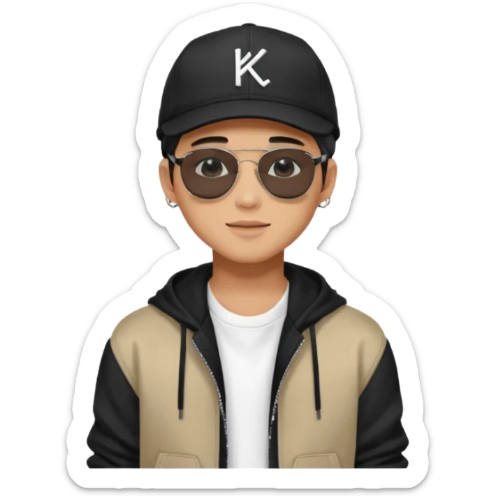 Portrait of a male K-pop idol, wearing a stylish streetwear outfit with layered clothing, makeup, wearing a black cap, happy, sunglasses sticker