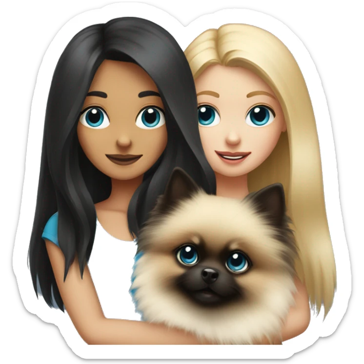 A blonde girl with blue eyes holds a black pomeranian in her hands sticker