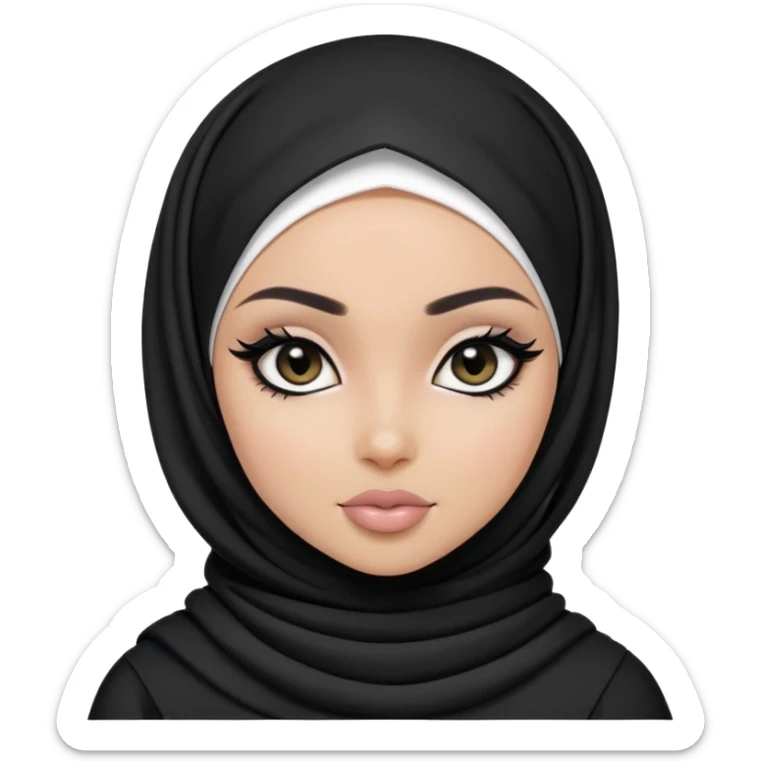 black pretty bratz girl, hijabi, dark black eyes, black eyeliner, pale skin, black clothes sticker