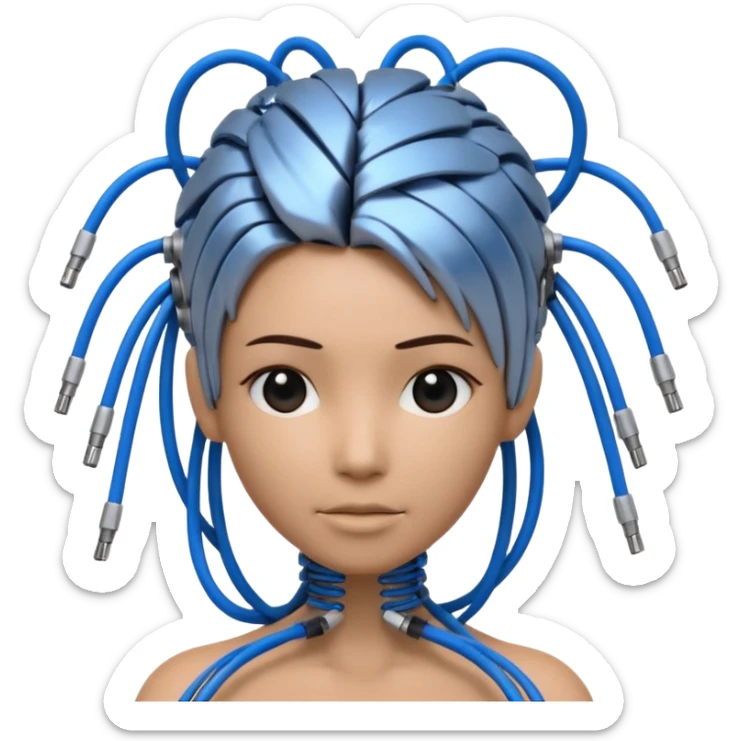3D render of Wire Hair, futuristic cyborg aesthetic, fusion of organic skin and chrome metal, bundle of black and blue ethernet cables styled like hair, emoji style, isolated on white background --v 6.0. sticker