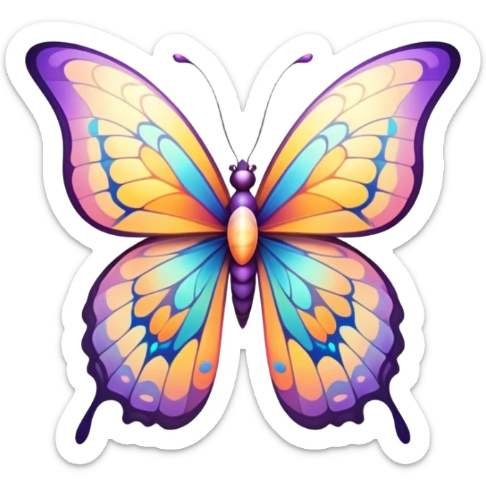 Cinematic Elegant Butterfly Portrait Emoji, Poised and ethereal, with delicate, intricately patterned wings in a kaleidoscope of soft, vibrant colors, a slender, graceful body, and gentle, observant eyes, Simplified yet exquisitely delicate features, highly detailed, glowing with a soft, radiant luminescence, high shine, intelligent and enchanting, stylized with an air of whimsical floral elegance, focused and poised, soft glowing outline, capturing the essence of a watchful butterfly that appears ready to flutter out of the screen with magical grace! sticker