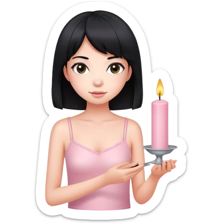Girl with fair skin wearing light pink speghetti top has straight black medium length hair holding 25 candle in hand sticker